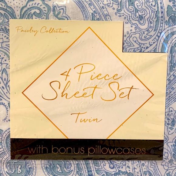 NWT Spirit Linen Home Paisley Collection 4-piece twin sheet set. Blue. - Picture 2 of 7